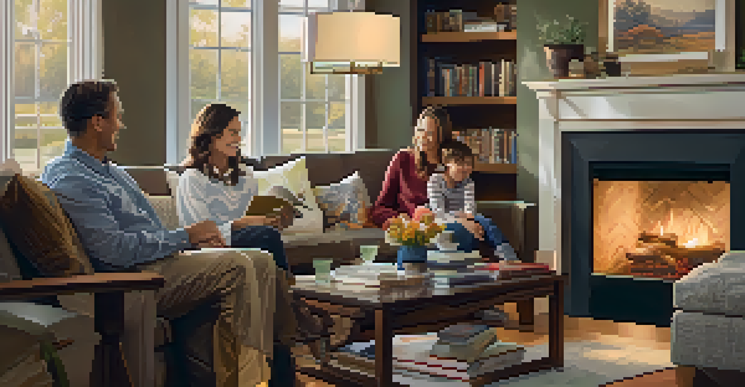 A family discussing their mission statements in a cozy living room with a fireplace and bookshelves.