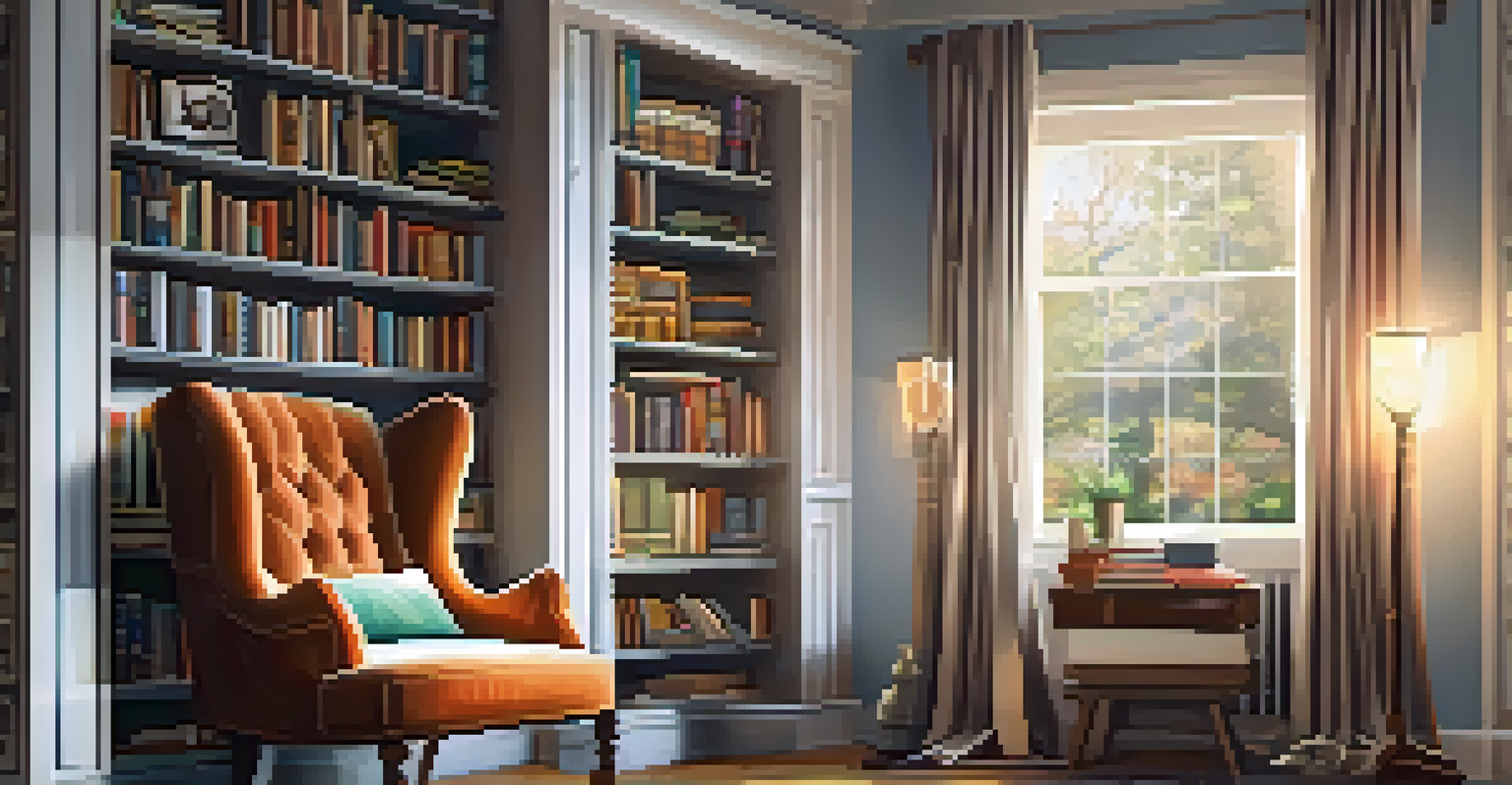 A cozy reading nook with an armchair, books, and a cup of tea on a side table.