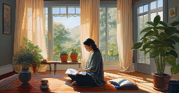 A peaceful room with a person meditating, surrounded by plants and a cup of tea.