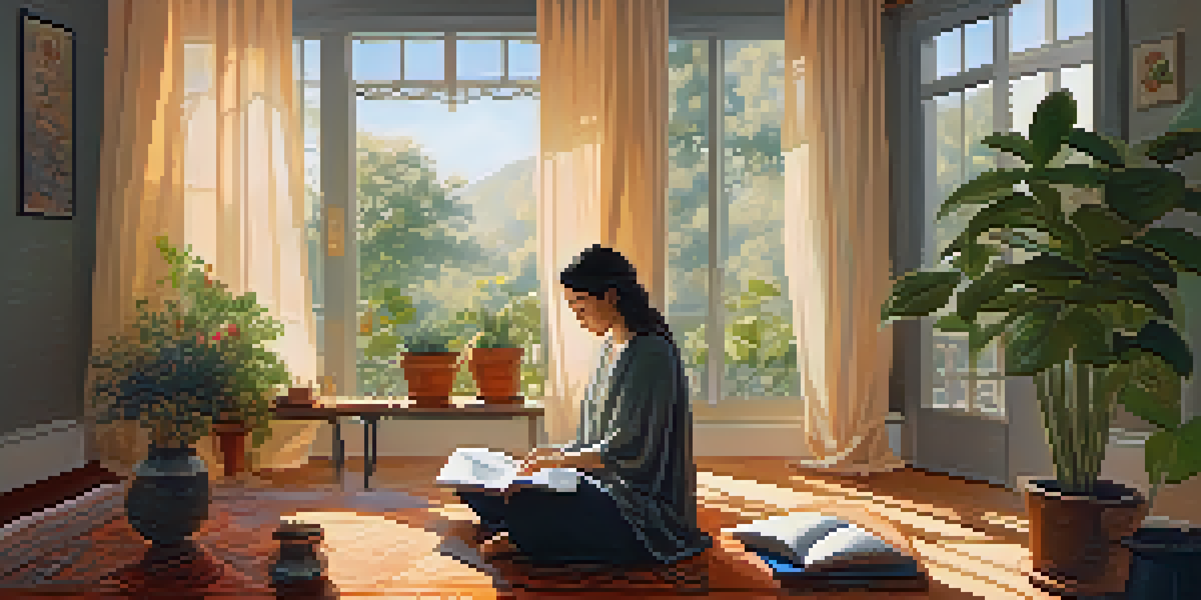A peaceful room with a person meditating, surrounded by plants and a cup of tea.