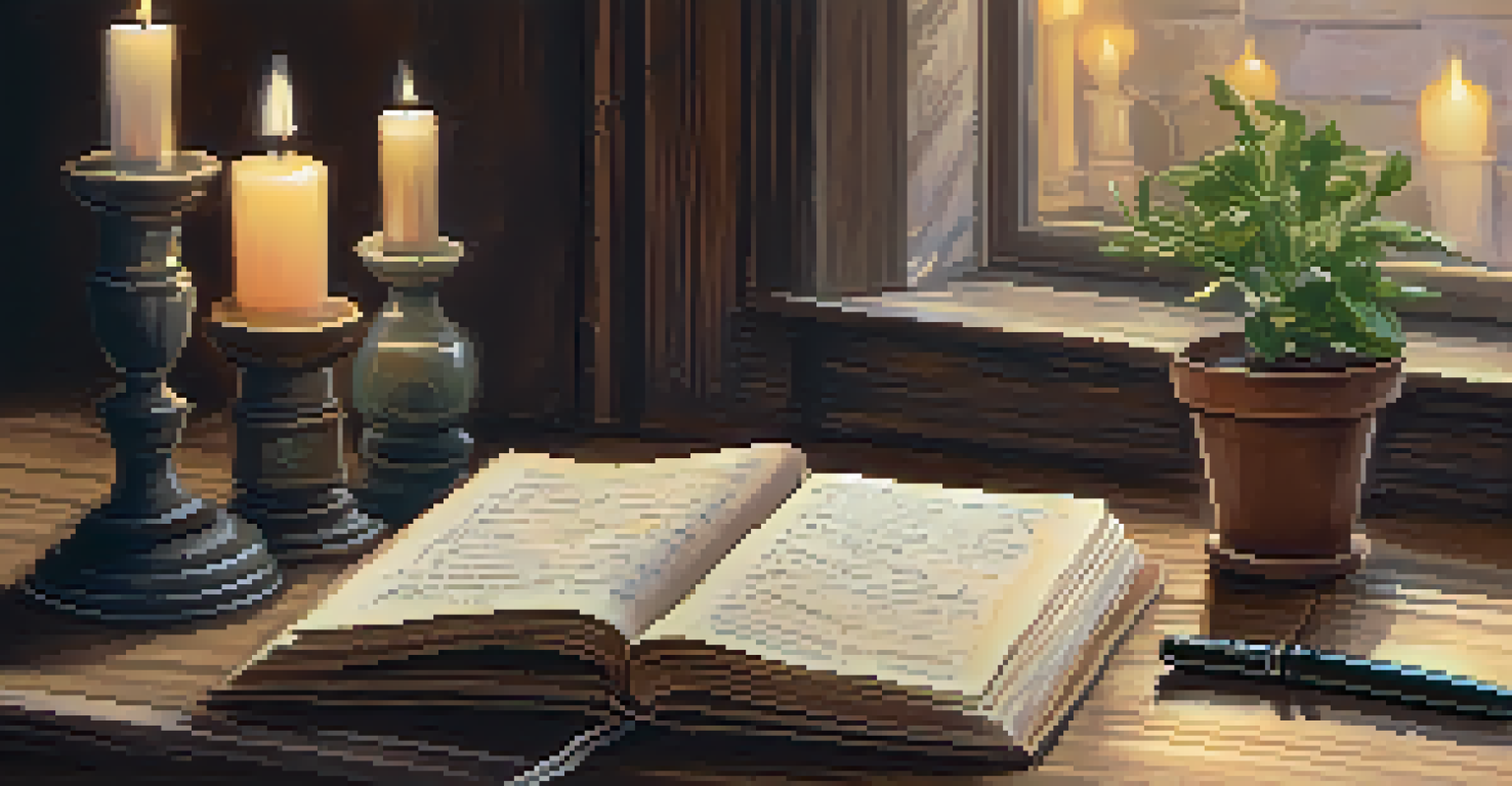 An open journal with handwritten notes about values, a pen, candles, and a plant on a table.