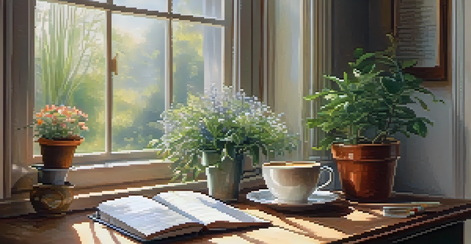 A cozy kitchen bathed in morning sunlight with a cup of coffee and an open gratitude journal on a wooden table, surrounded by greenery.
