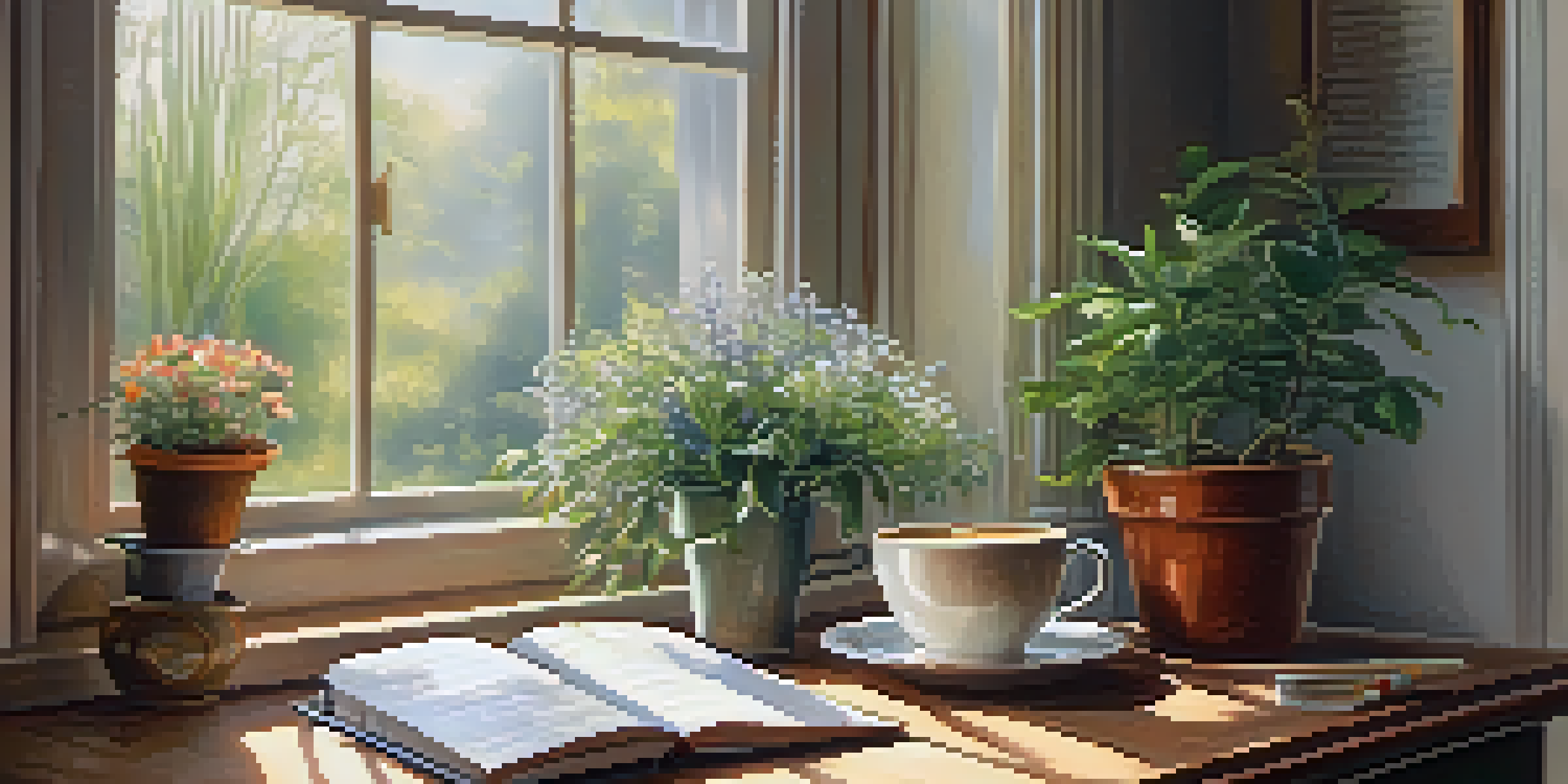 A cozy kitchen bathed in morning sunlight with a cup of coffee and an open gratitude journal on a wooden table, surrounded by greenery.