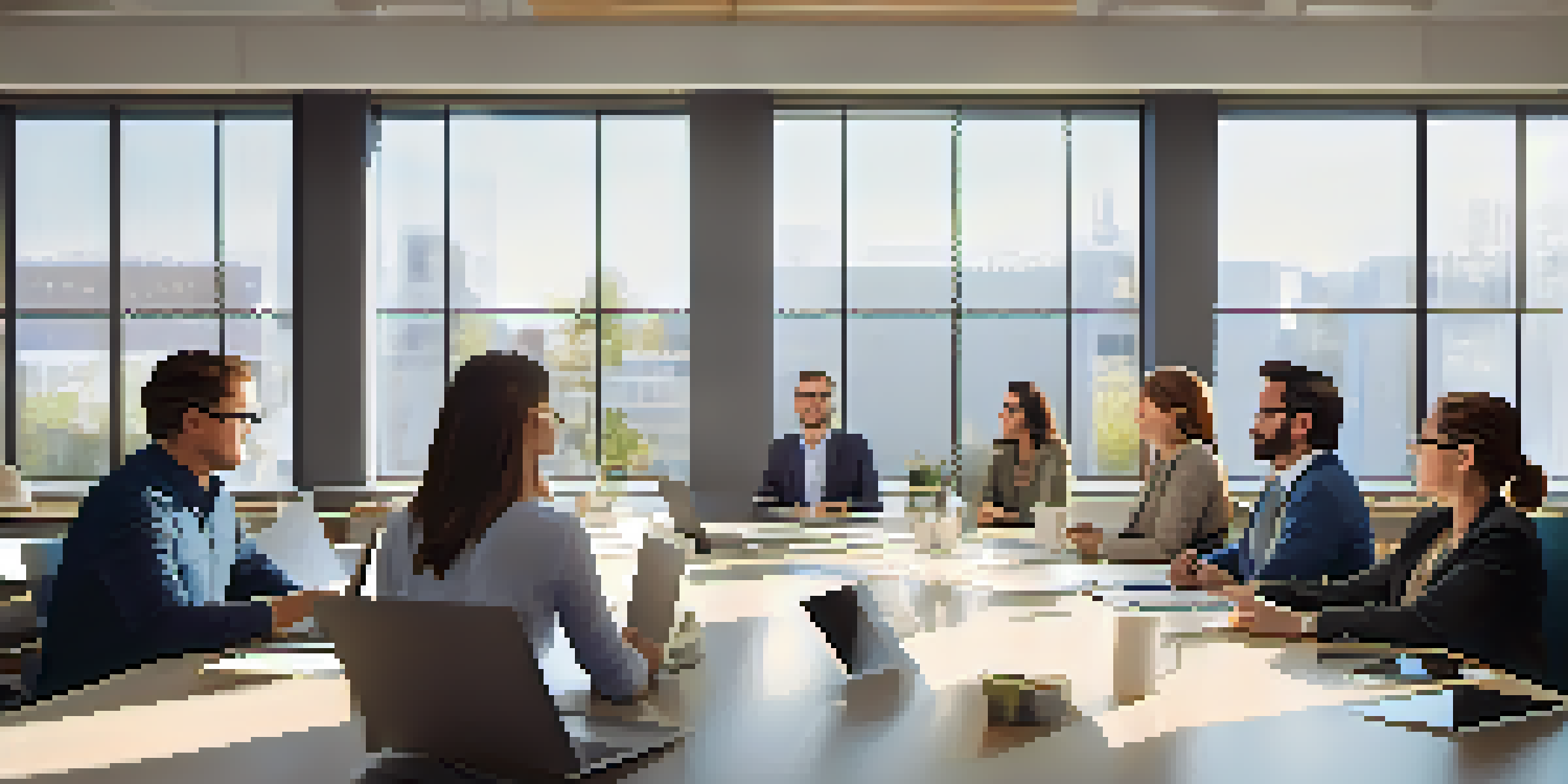 A diverse group of professionals in a meeting, sharing ideas around a large table with laptops and notebooks, in a bright and inviting room.