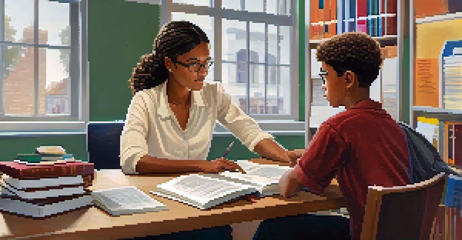 An educator and a student engaged in a discussion about academic progress at a desk filled with books and a laptop.