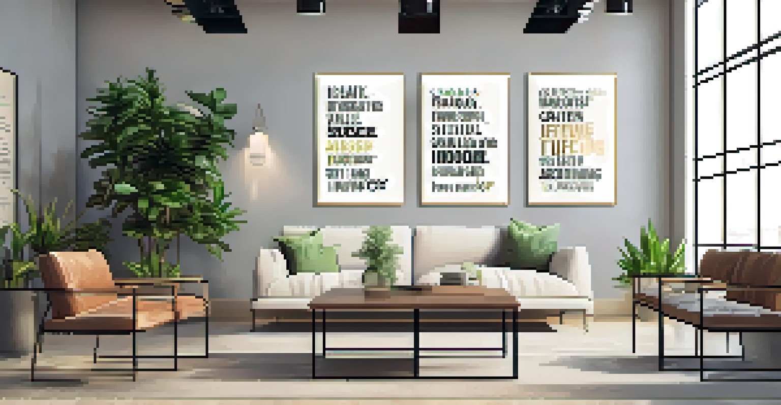 A motivational wall with quotes about goal setting in a modern office, surrounded by plants.