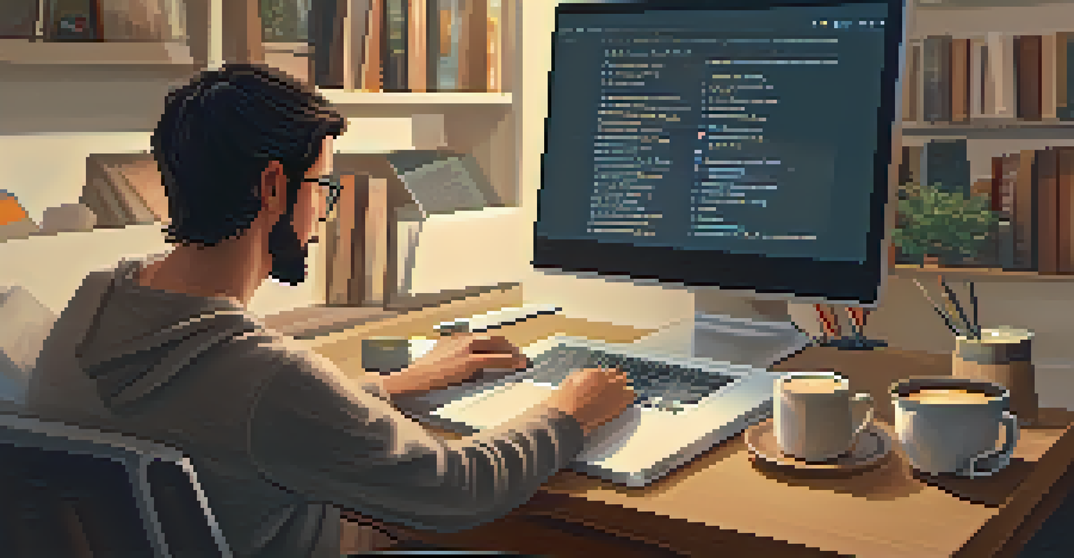 An adult learner at home using a laptop for an online course in a cozy environment.