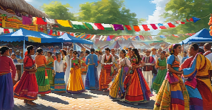 A lively community festival with people in traditional attire dancing and cultural stalls in the background.