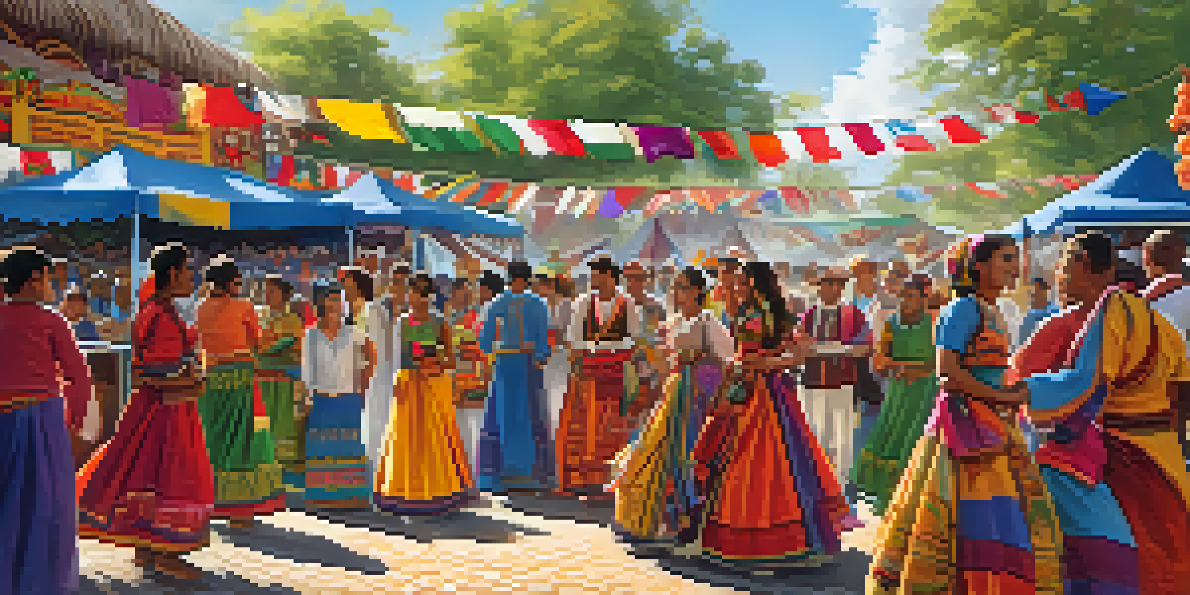 A lively community festival with people in traditional attire dancing and cultural stalls in the background.