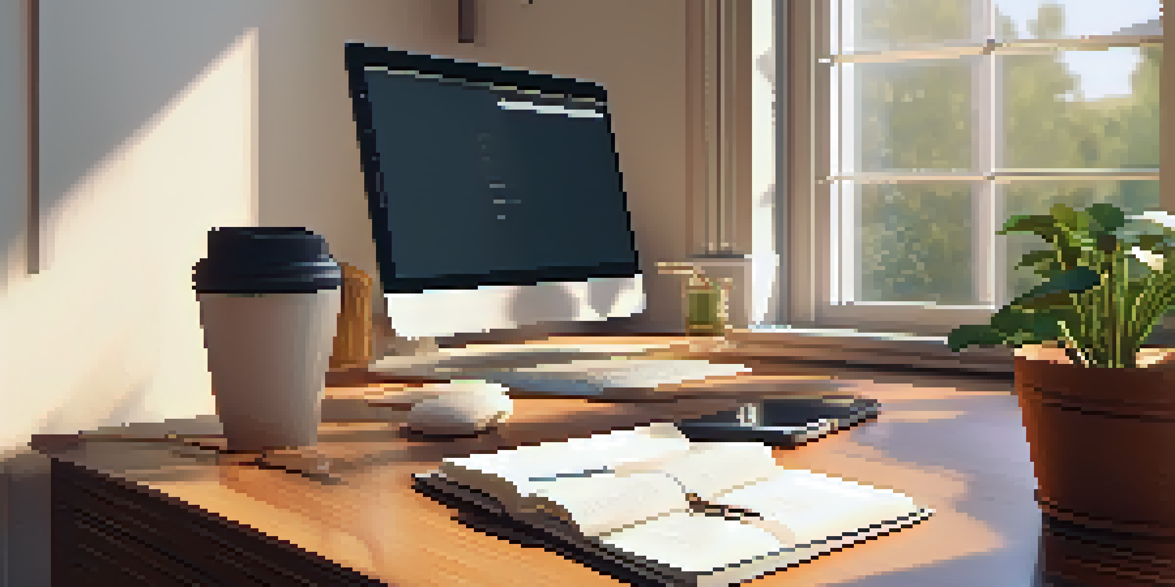 A cozy home office with a wooden desk, an open laptop, and a potted plant, illuminated by soft morning light.