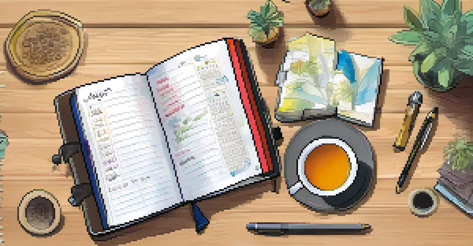 An open habit tracker journal with colorful doodles and checkmarks, accompanied by a cup of tea and a pen on a wooden table.