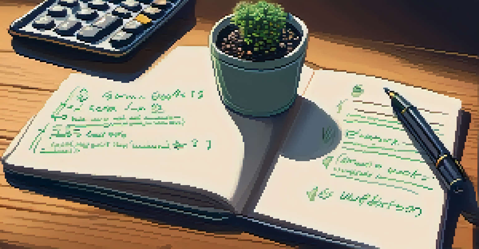 A hand writing financial goals in a notebook titled 'SMART Goals', with a calculator and a plant on a wooden table.