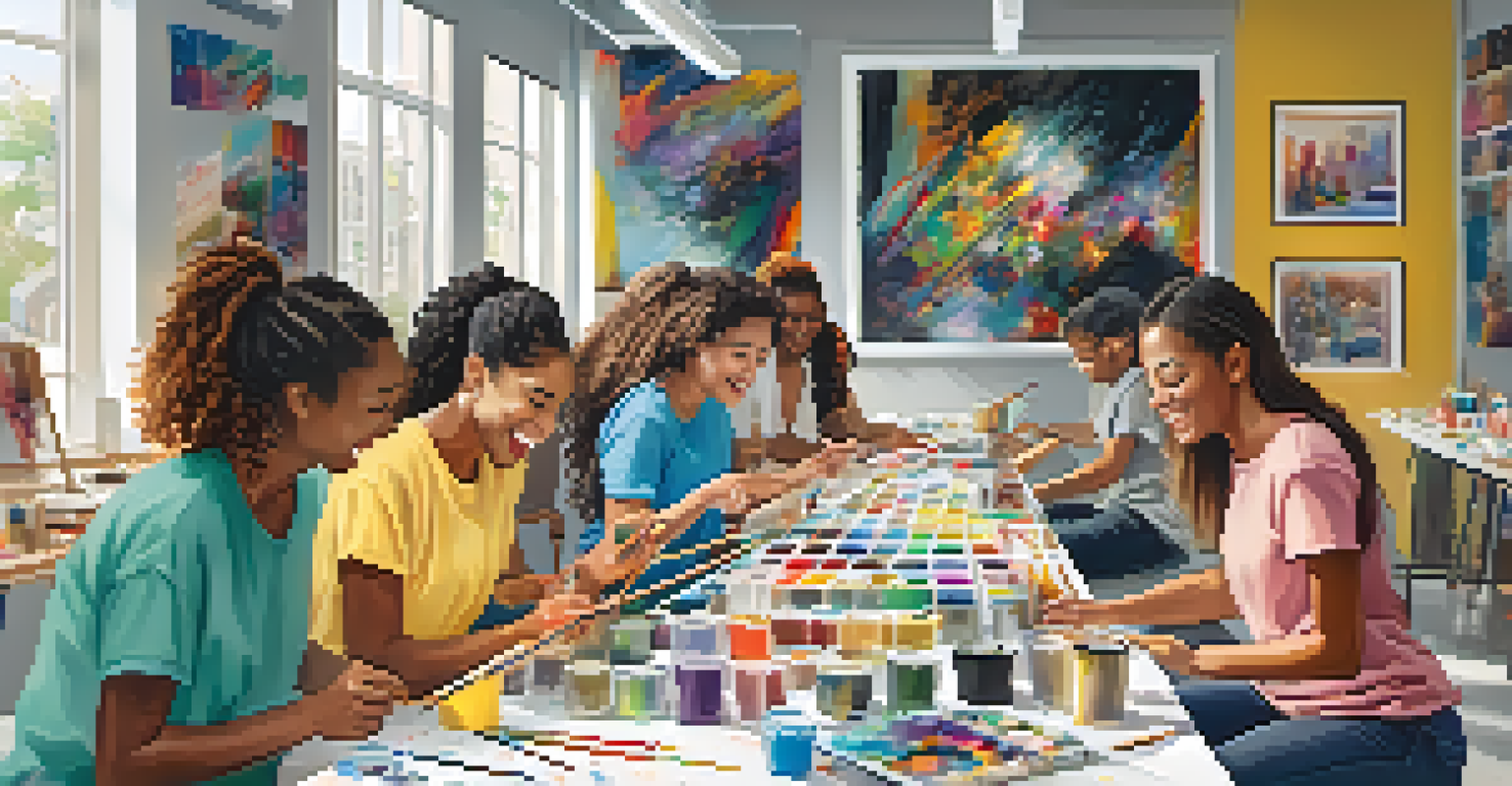 A diverse group of people engaged in a creative workshop, painting on canvases in a bright and colorful artistic space.