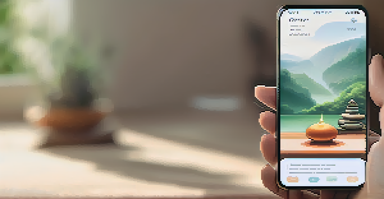 A close-up view of a meditation app interface on a smartphone with a blurred relaxing indoor background.