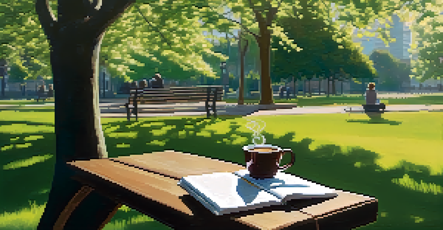 A person writing in a journal in a sunlit park, with blooming trees and a cup of coffee nearby.