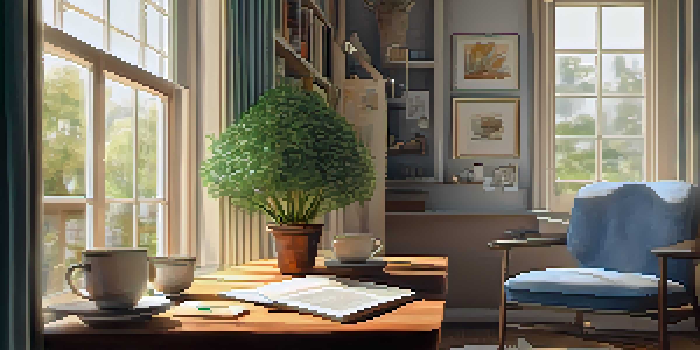 A serene journaling space with a chair, table, journal, tea, and plants, illuminated by sunlight.