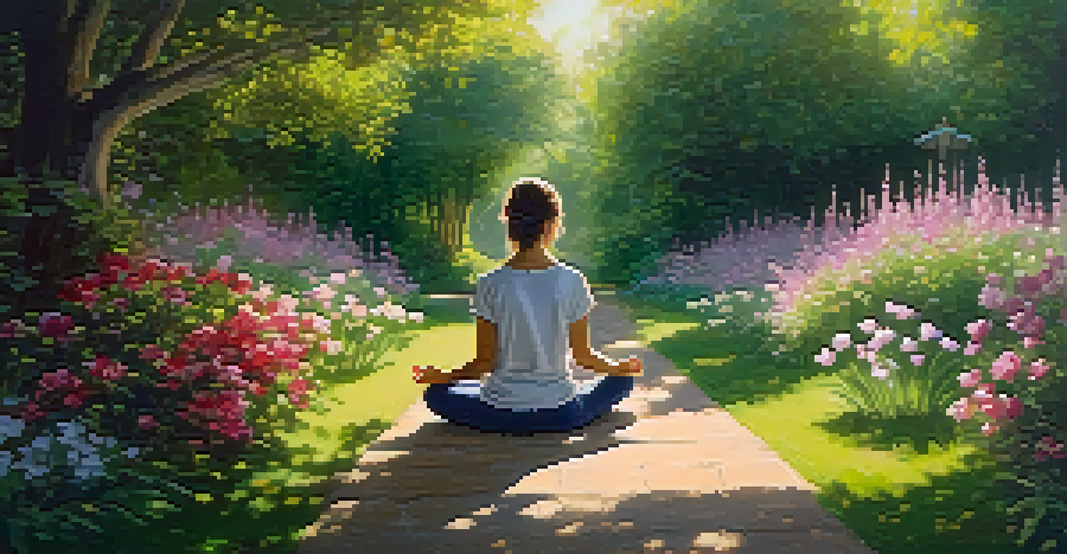 A person meditating in a colorful garden filled with blooming flowers, surrounded by trees and sunlight filtering through the leaves.