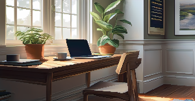 A well-organized desk with a laptop, notebook, plant, and coffee cup bathed in morning light.