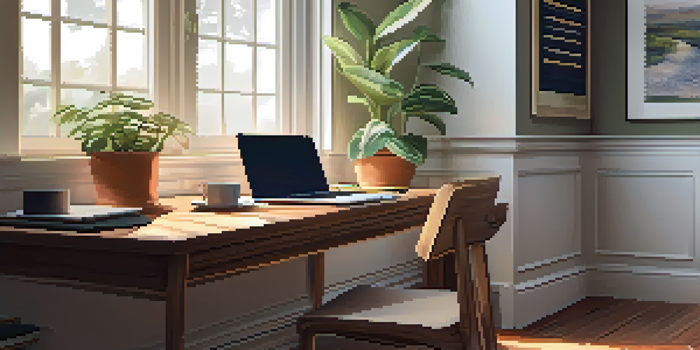 A well-organized desk with a laptop, notebook, plant, and coffee cup bathed in morning light.