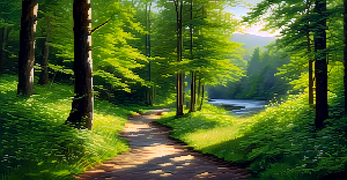 A peaceful forest landscape with a winding path, sunlight filtering through leaves, vibrant wildflowers, and a gentle stream.