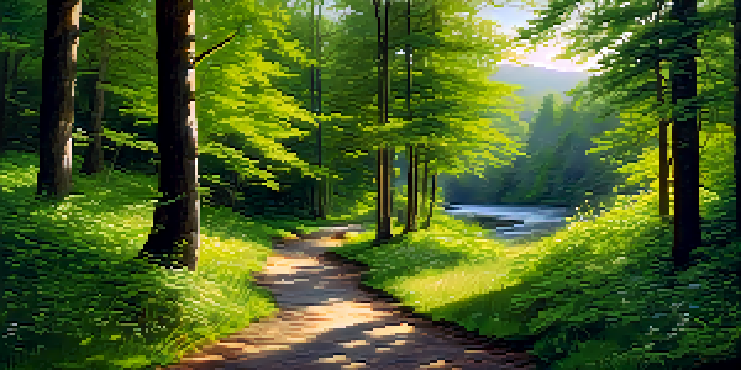A peaceful forest landscape with a winding path, sunlight filtering through leaves, vibrant wildflowers, and a gentle stream.