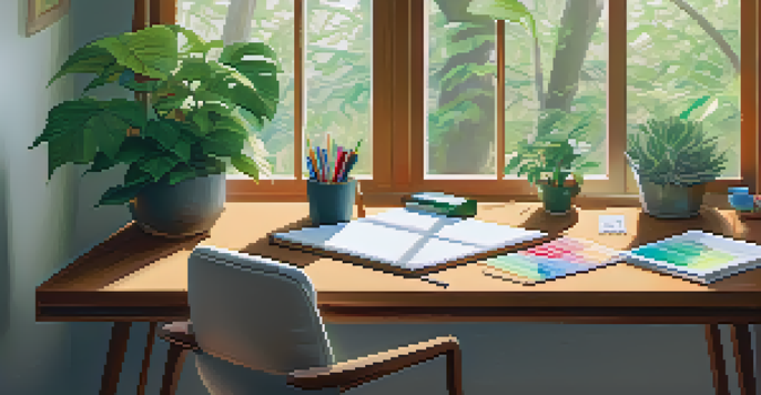 A cozy workspace with a desk, colorful markers, and a laptop, illuminated by soft morning light.