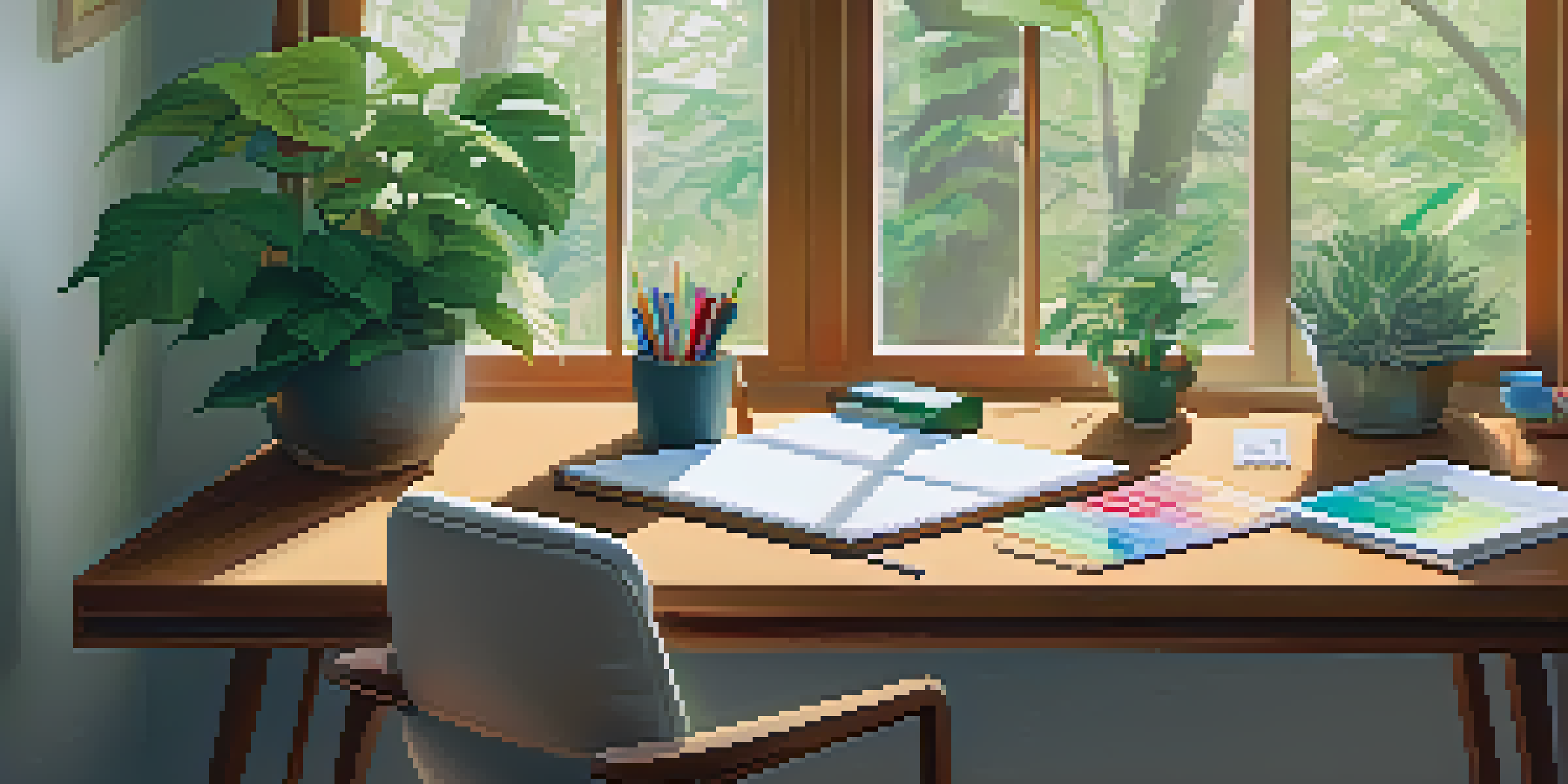 A cozy workspace with a desk, colorful markers, and a laptop, illuminated by soft morning light.