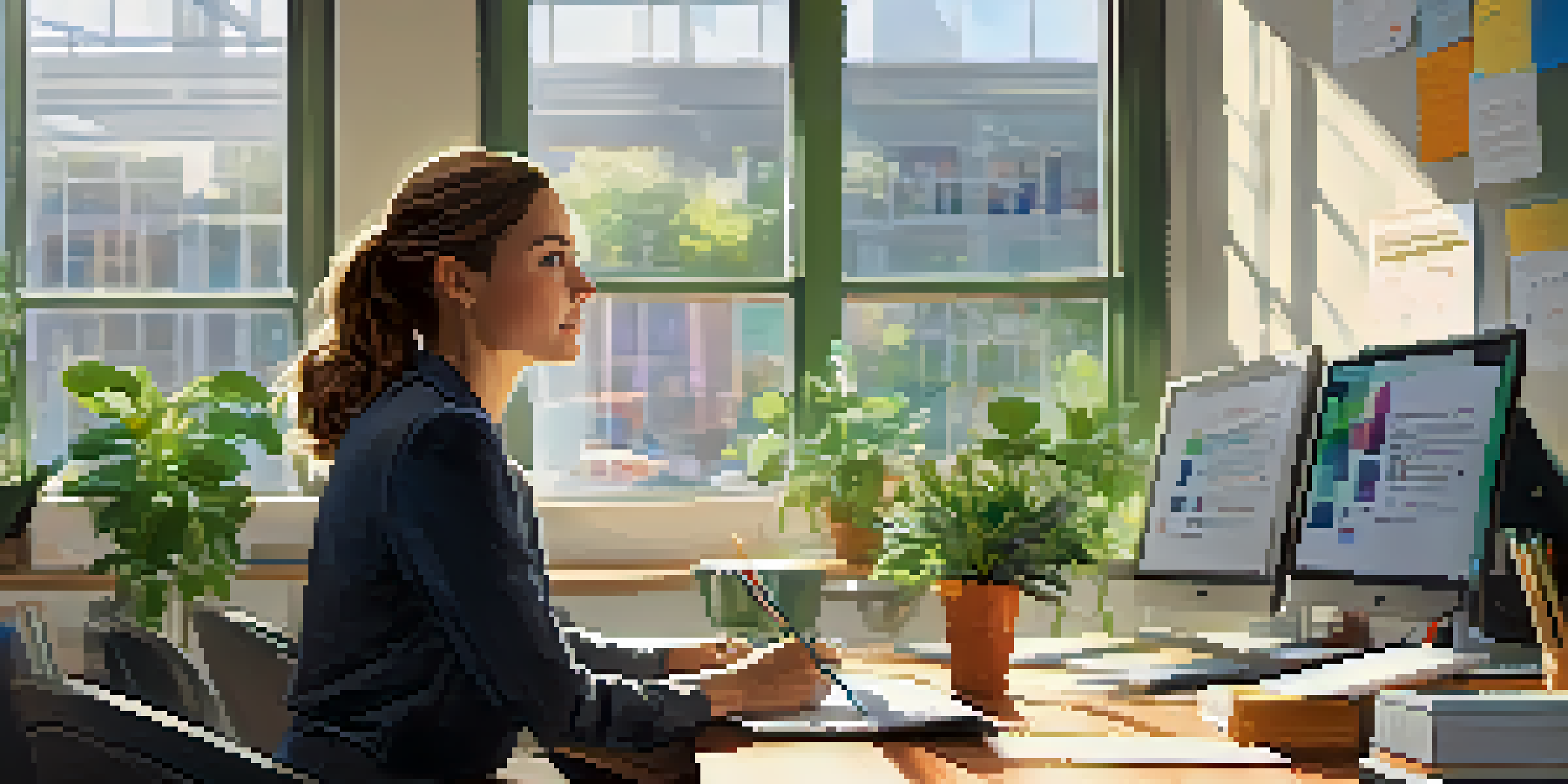 An office scene featuring a person discussing ideas with a colleague, illuminated by natural light, with a whiteboard in the background.