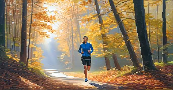 A person jogging on a forest trail during sunrise with warm light filtering through the trees.