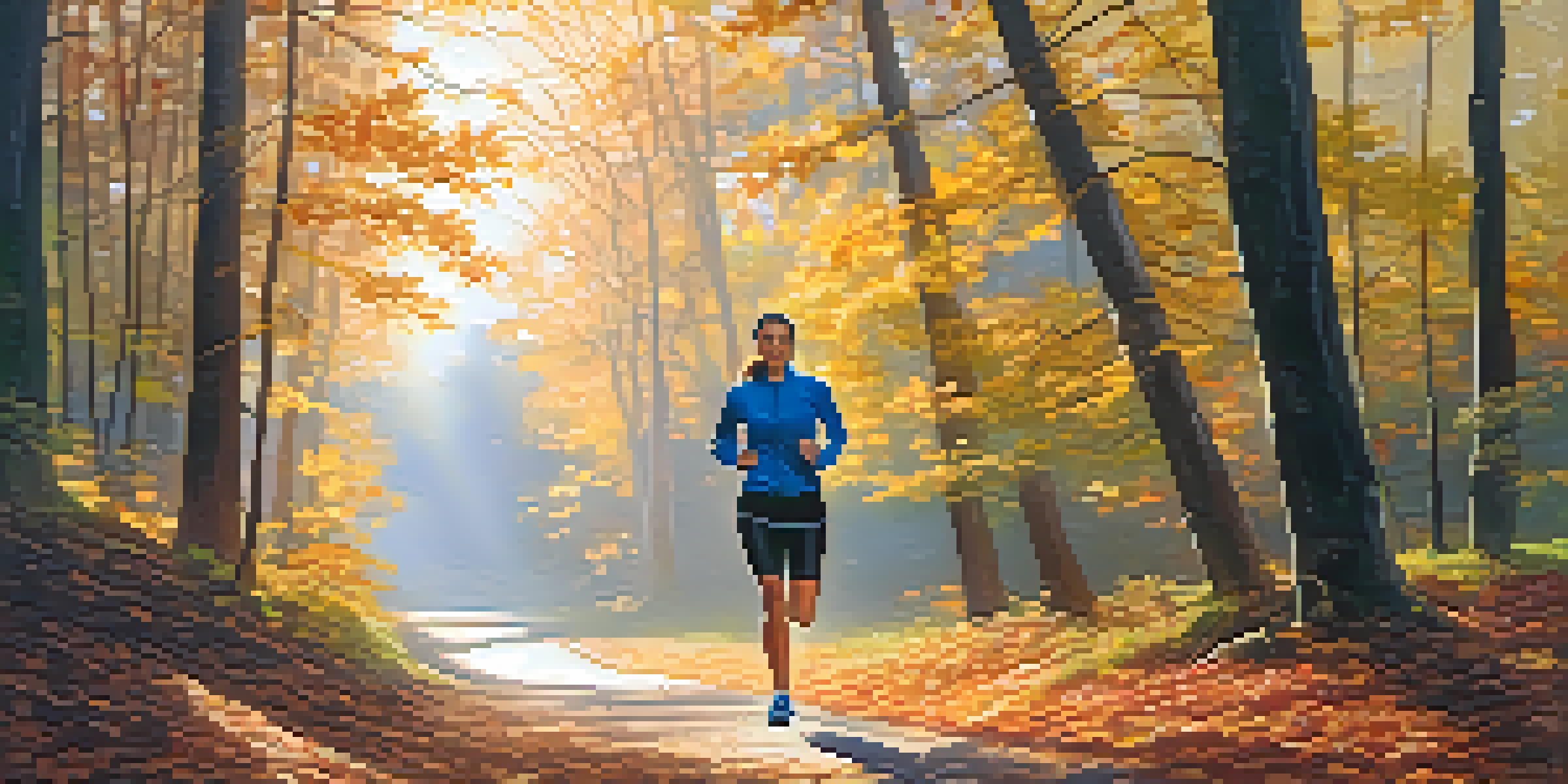 A person jogging on a forest trail during sunrise with warm light filtering through the trees.