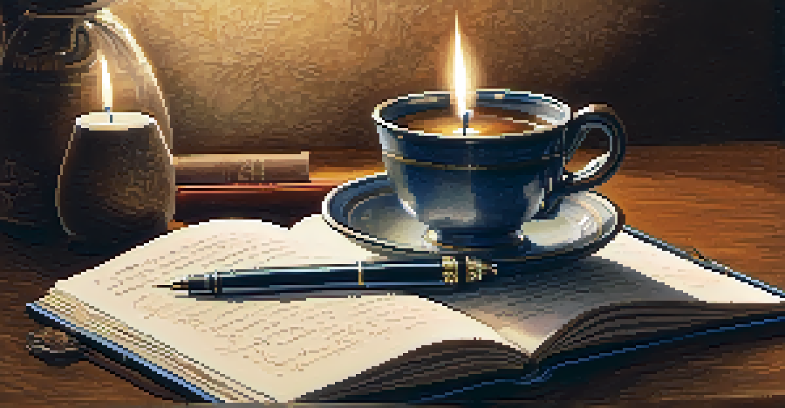 A close-up of a hand writing in a journal with a fountain pen and calming elements.