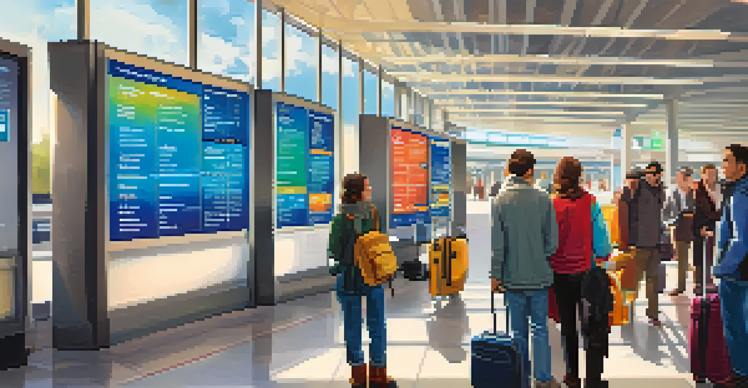 A traveler at an airport terminal looking at a canceled flight board, appearing calm and adaptable.
