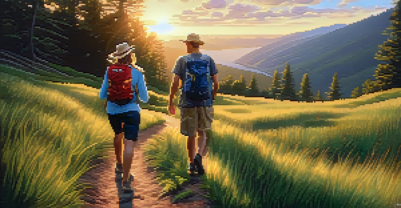 Two friends laughing and sharing stories while hiking on a scenic trail during sunset.