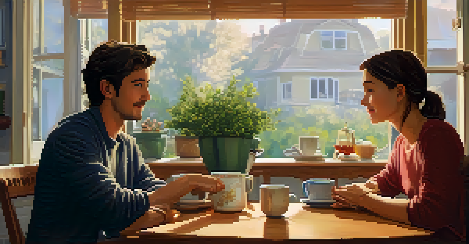 Two friends seated at a kitchen table, one speaking assertively while the other listens, with cups of tea in front of them.