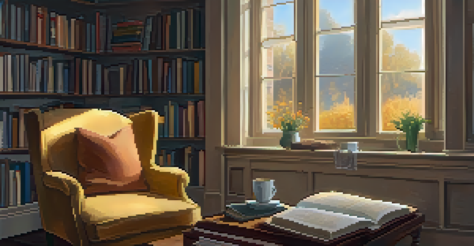 A cozy reading nook with an armchair, a cup of tea, and books, illuminated by warm light on a rainy day.