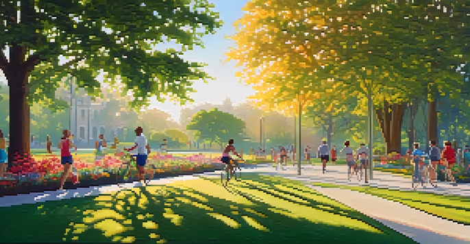 A peaceful park with people jogging, doing yoga, and cycling in the morning light.