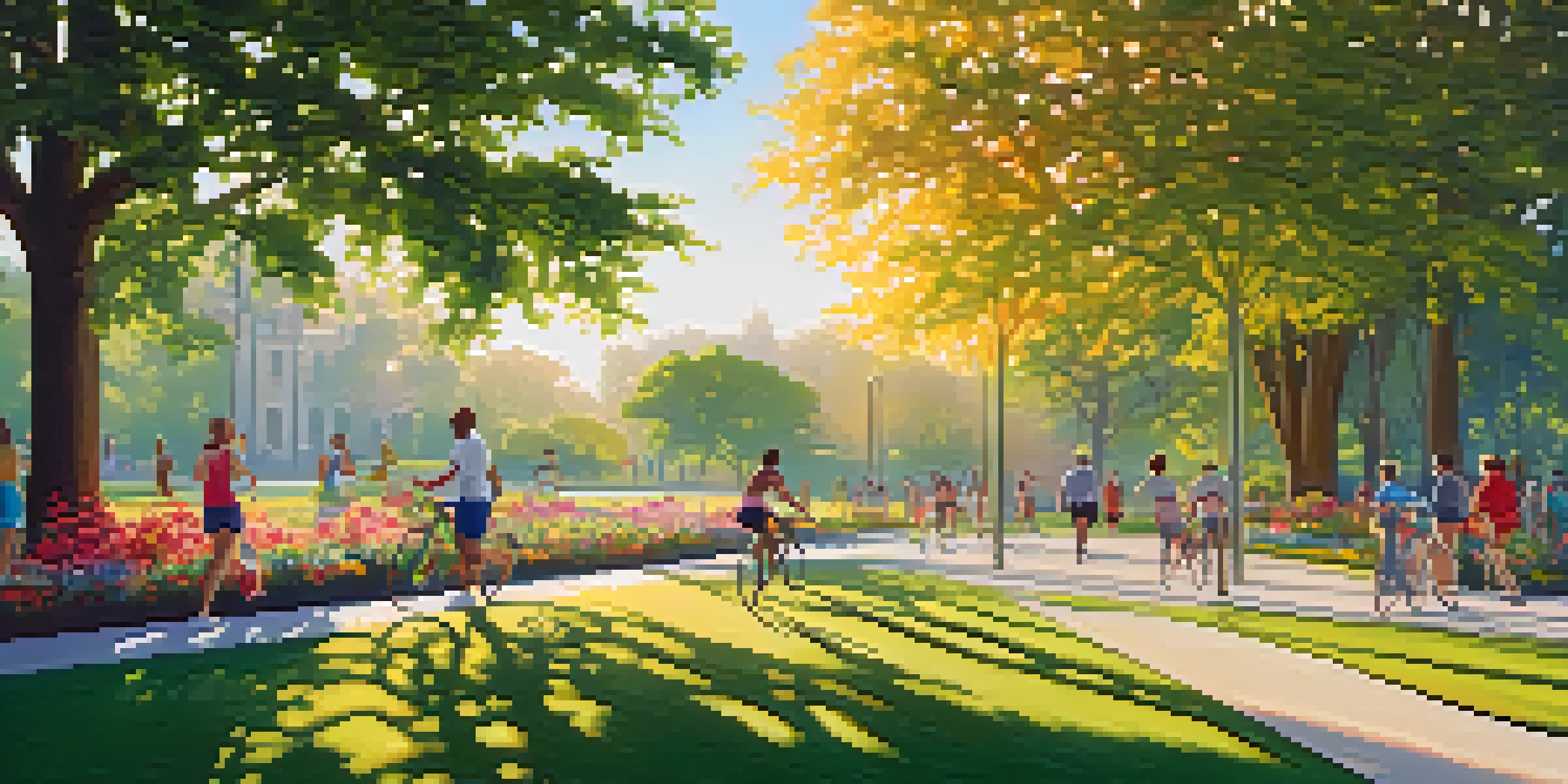 A peaceful park with people jogging, doing yoga, and cycling in the morning light.