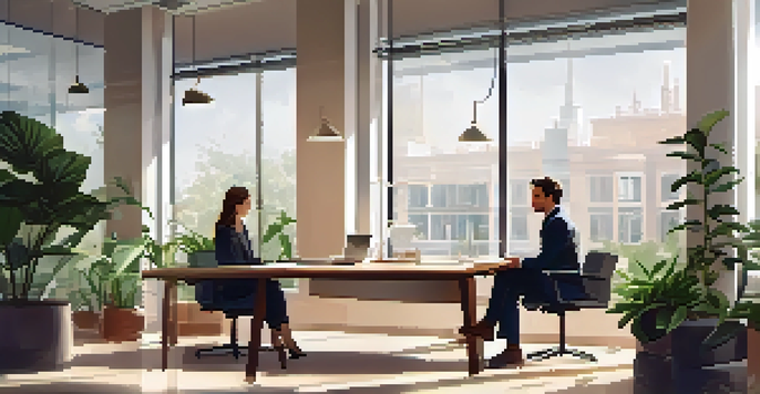 Two colleagues having a conversation in a bright office, one listening attentively and the other gesturing.