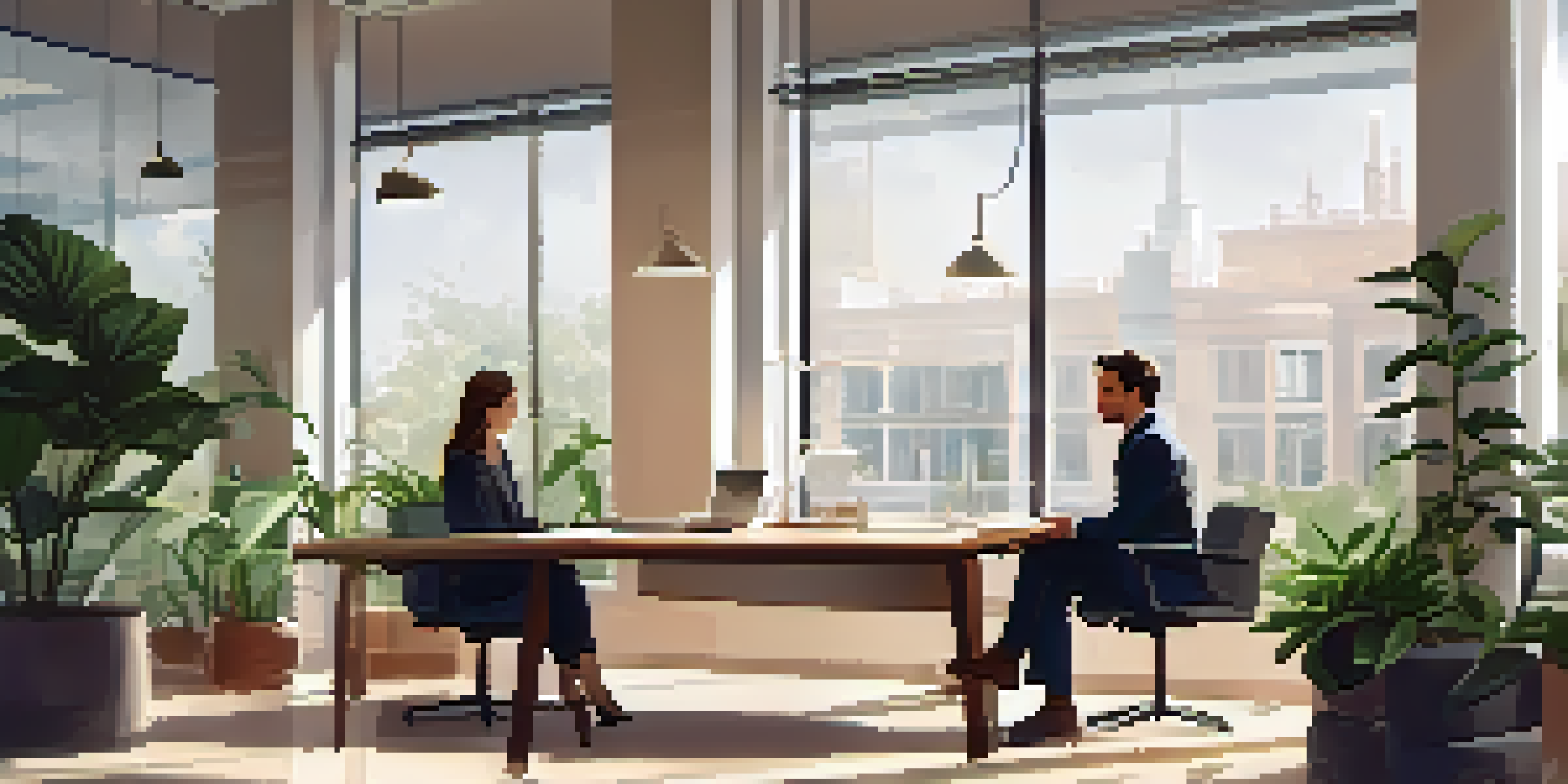 Two colleagues having a conversation in a bright office, one listening attentively and the other gesturing.