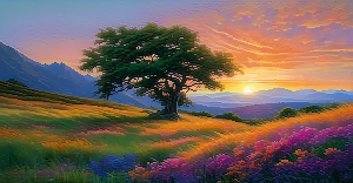 A strong tree bending in the wind during a colorful sunset, with mountains in the background and wildflowers in the foreground.