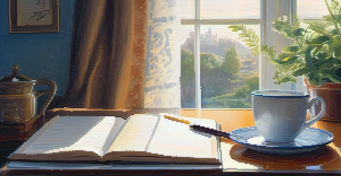 A person journaling about gratitude at a sunny table with a cup of tea and a blooming plant in the background.