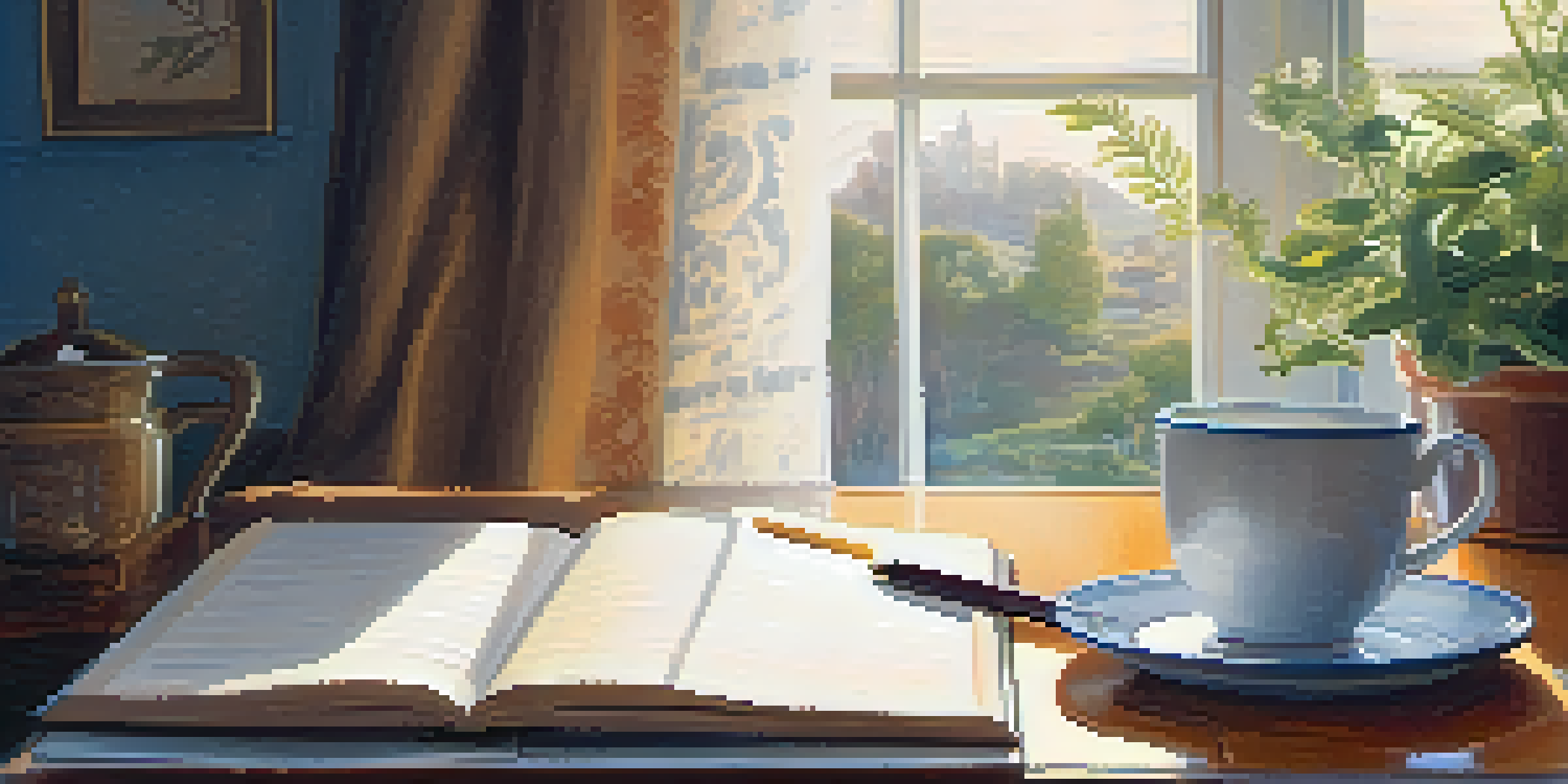 A person journaling about gratitude at a sunny table with a cup of tea and a blooming plant in the background.