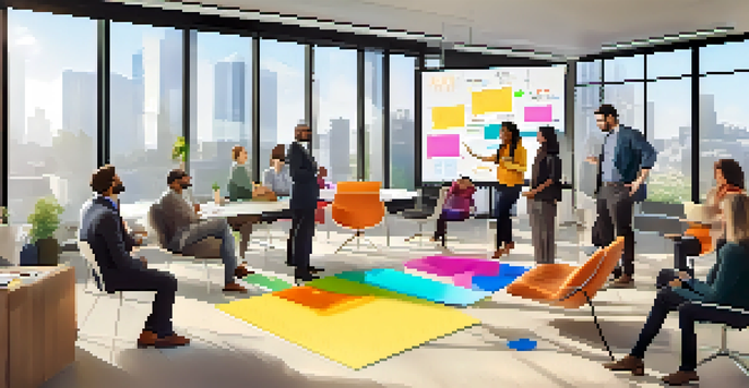 A group of diverse individuals in a modern office participating in a collaborative brainstorming session, surrounded by sticky notes and diagrams on a whiteboard.