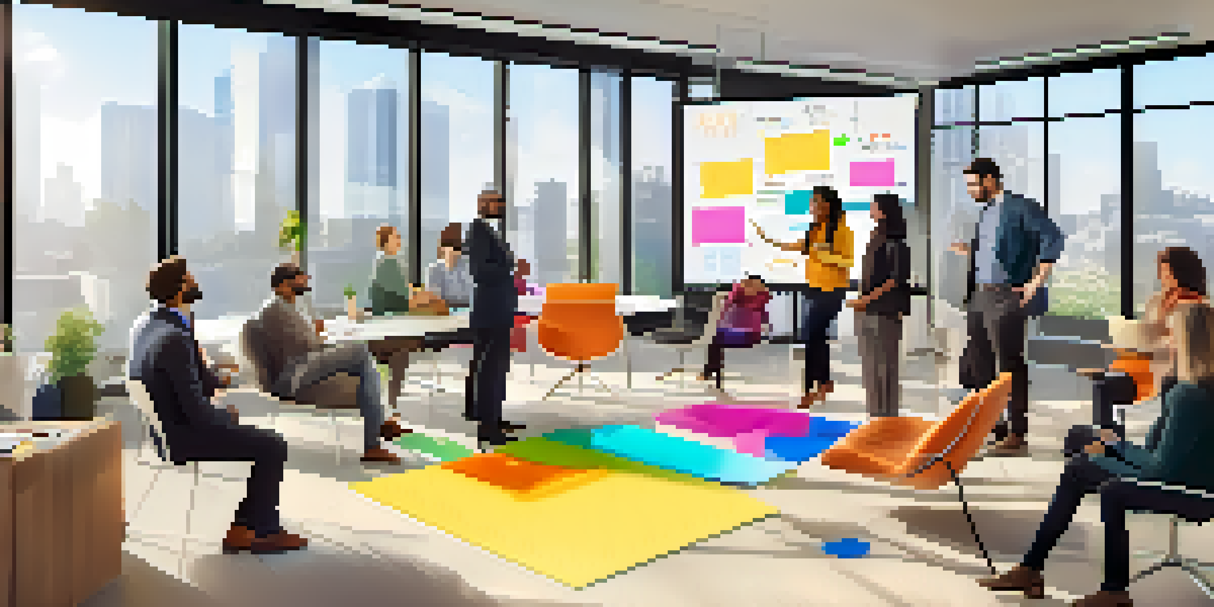 A group of diverse individuals in a modern office participating in a collaborative brainstorming session, surrounded by sticky notes and diagrams on a whiteboard.
