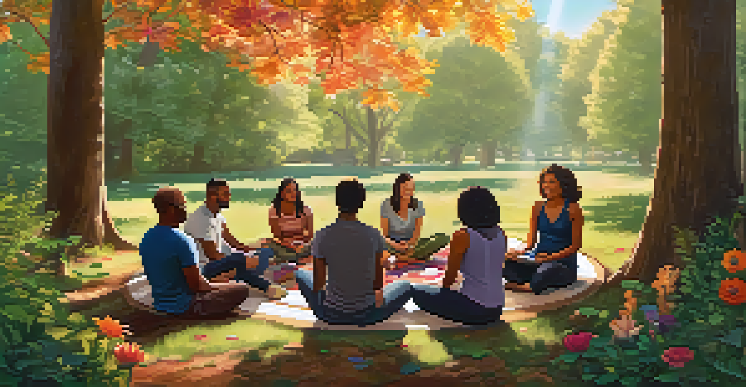 A group of diverse individuals sitting in a circle during a gratitude workshop in a natural setting, sharing thoughts and enjoying the outdoors.