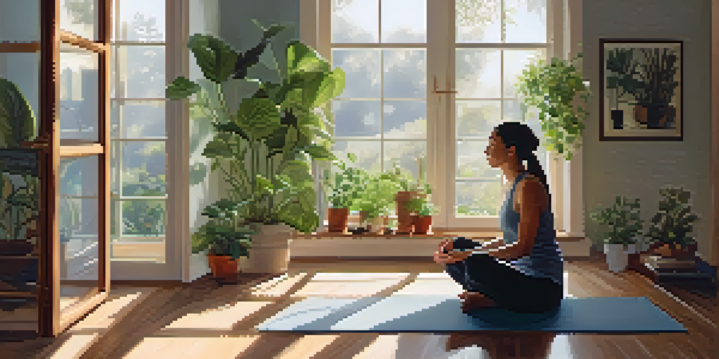 A person sitting cross-legged on a yoga mat, practicing deep breathing in a sunlit room filled with plants, with a journal and herbal tea on a nearby table.