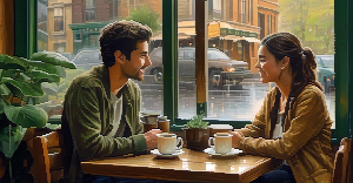 Two friends having a warm conversation in a cozy coffee shop, with raindrops on the window and warm lighting.
