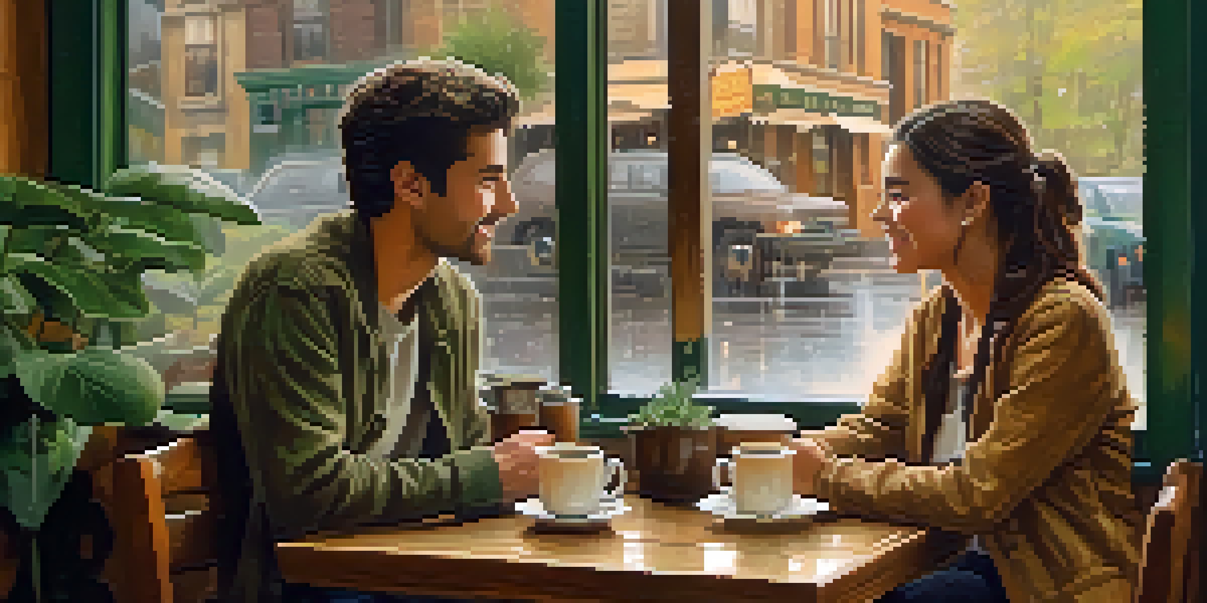Two friends having a warm conversation in a cozy coffee shop, with raindrops on the window and warm lighting.