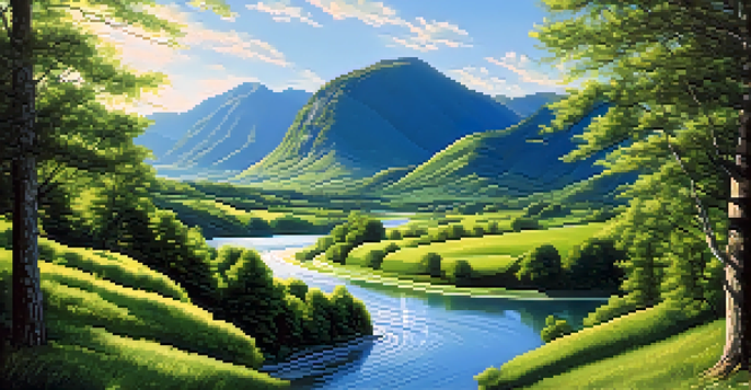 A scenic view of a winding river in a green valley with mountains and a clear sky.