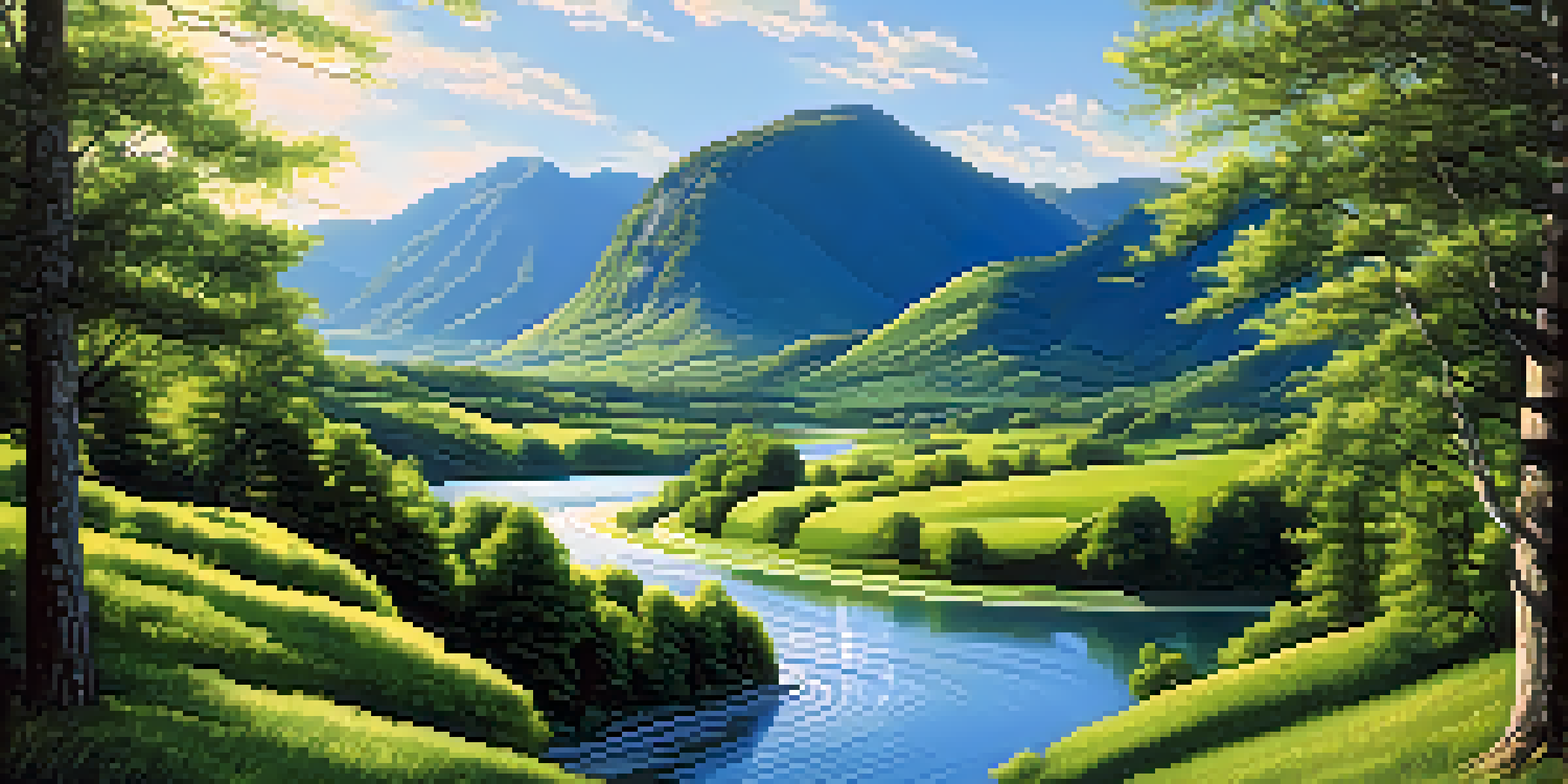 A scenic view of a winding river in a green valley with mountains and a clear sky.